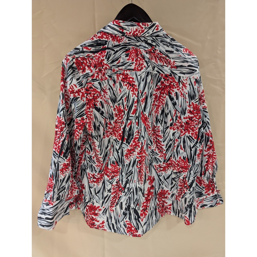 Long Sleeve Button-Up Shirt Floral Abstract Print Red White Black Size 14 - Picture 6 of 8